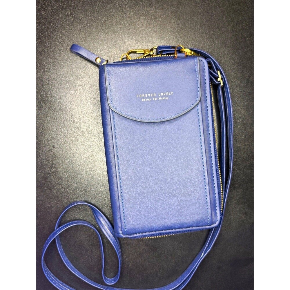 Forever Lovely Blue Crossbody Wallet Phone Purse Organizer Gold Zip Faux Leather